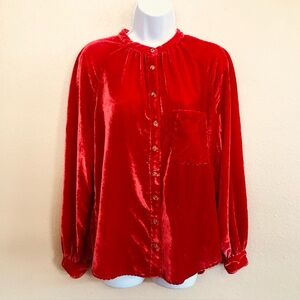 Anthropologie Pilcro Red/Rouge Velvet Puff Puff Sleeves Button down Top Size M